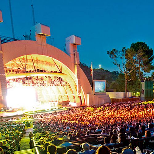 An outdoor concert venue filled with a crowd enjoying a nighttime performance.